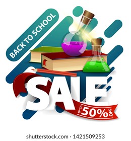 Back to school sale, modern discount banner for your business with books and chemical flasks