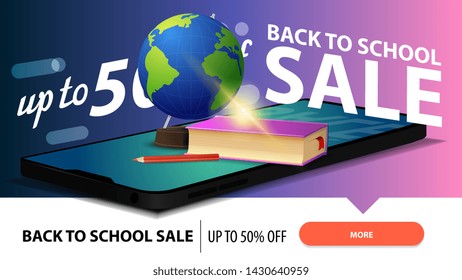 Back to school sale, modern discount web banner for your website with a smartphone, globe and school textbooks