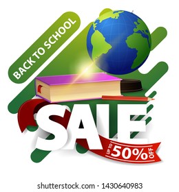 Back to school sale, modern discount banner for your business with globe and school textbooks
