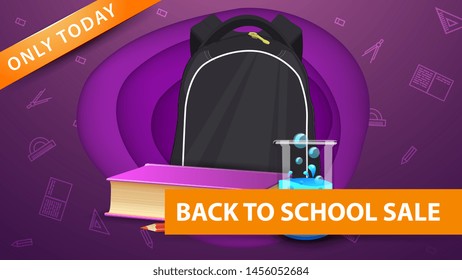 Back to school sale, modern purple discount banner in paper cut shapes with school backpack, a book and a chemical flask