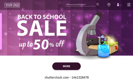 Back to school sale, modern purple horizontal web banner with microscope, books and chemical flask