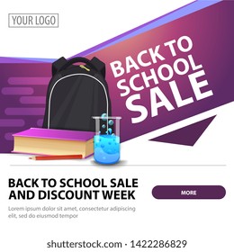 Back to school sale, modern stylish square web banner for advertising and promotion of your business with school backpack, a book and a chemical flask
