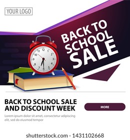 Back to school sale, modern stylish square web banner for advertising and promotion of your business with school books and alarm clock