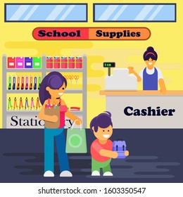 Back To School Sale ,mom And Son Shopping Stationery  In School  Supplies  Shop Flat Style ,vector Illustration