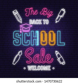 Back to School sale neon design or emblem. Vector illustration. Night neon signboard. For advertising, promotion, poster, flier, blog, article, social media, marketing or banner Back to School sale