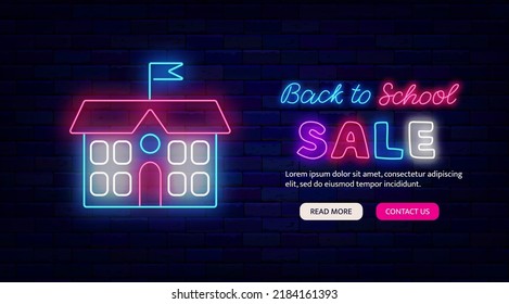 Back to school sale neon flyer. Website landing page template. School fair. Shopping and special offer promotion. Glowing advertising on brick wall. Vector stock illustration