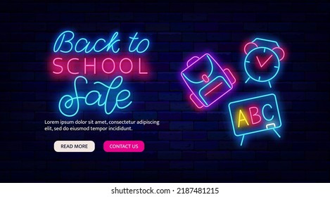 Back to school sale neon flyer. Shiny lettering. Website landing page template. School fair. Backpack, alarm clock and blackboard icons. Shopping promotion. Glowing banner. Vector stock illustration