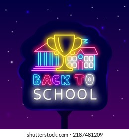 Back To School Sale Neon Label. Light Street Billboard. Cup And University Buildings Icons. Welcome Sign For University. Education Design For Students. Vector Stock Illustration