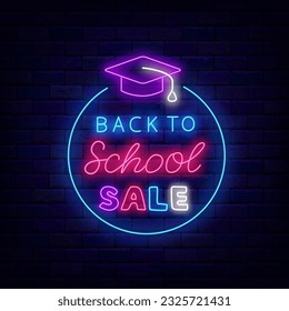 Back to school sale neon label. Circle frame with open book. Market promotion template. Welcome to education. Glowing advertising on brick wall. Vector stock illustration