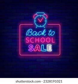 Back to school sale neon label. Alarm clock icon. Market promotion template. Welcome to education. Glowing advertising. Shiny advertising on brick wall. Editing text. Vector stock illustration