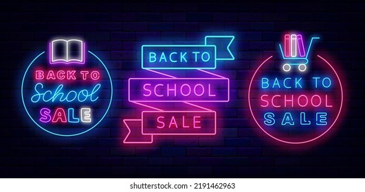 Back to school sale neon labels collection. Season offer design. Colorful ribbon and circle frame. Marketing promotion. Light greeting card. Glowing advertisings set. Vector stock illustration