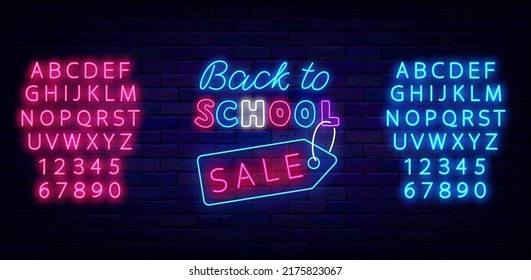 Back to school sale neon signboard. School fair. Shiny blue and pink alphabet. Special offer concept. Education marketing. Glowing advertising on brick wall. Vector illustration