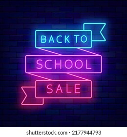 Back to school sale neon signboard. Colorful ribbon frame. Special offer concept. Glowing advertising on brick wall. Vector stock illustration
