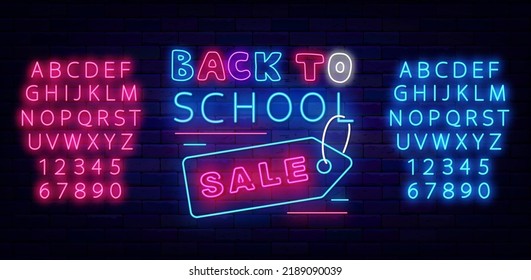Back to school sale neon signboard. Shiny pink and blue alphabet. Shopping typography design. Welcome back to school. Special offer concept. Glowing advertising on brick wall. Vector illustration