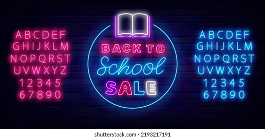 Back to school sale neon signboard. Circle frame with open book. Market promotion template. Welcome to education. Shiny blue and pink alphabet. Glowing advertising. Vector stock illustration