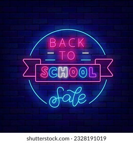 Back to school sale neon signboard. Circle sign with ribbon. Seson shopping promotion. Special offer banner. Education design. Light advertising on brick wall. Vector stock illustration