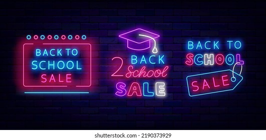 Back to school sale neon signboards collection. Shiny frame. Light greeting card. Education design. Season special offer. Glowing advertisings set. Vector stock illustration