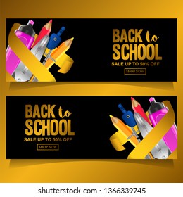 Back to school sale offer discount banner template with stationary pencil, scissors, compass and golden ribbon with black background