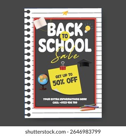 Back to school sale offer and sale promotion flyer or poster template, school admission and educational print flyer or poster, online learning and kindergarten leaflet, brochure cover design