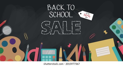 Back to school. Sale on the background of a black chalkboard. Vector illustration.	
