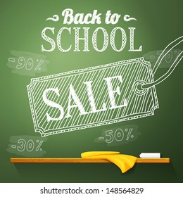 Back to school sale on the chalkboard with different sale percentss. Vector