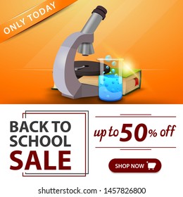 Back to school sale, orange banner with microscope, books and chemical flask