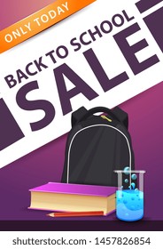 Back to school sale, pink vertical discount banner with school backpack, a book and a chemical flask