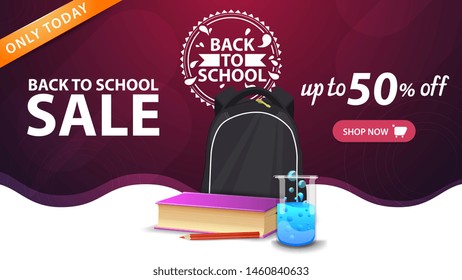 Back to school sale, pink web banner template with button, school backpack, a book and a chemical flask