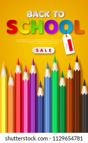 Back to school sale poster with 3d realistic pencils, paper cut style letters. Poster for seasonal discount. Vector illustration.