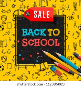 Back to school sale poster and banner with colorful title and elements in black and yellow background for retail marketing promotion and education related, vector illustration