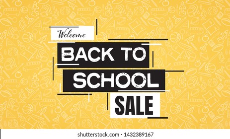 Back to school sale poster or banner with school supplies pattern in background. Shopping, discounts, offers promotion and advertising. Eps10 illustration.