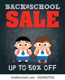 Cartel de la venta de regreso a la escuela, cartel con chistosa chica y niño con uniforme escolar. Venta hasta un 50% de descuento. Ilustración del vector de fondo del panel de control