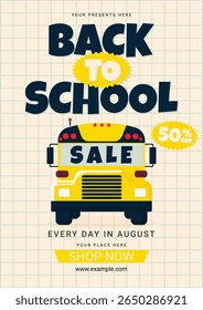 Back to School Sale Poster with School Bus Flat Vector Illustration.
