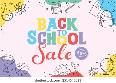 Back to School Sale poster with cute hand drawn icons. Vector illustration