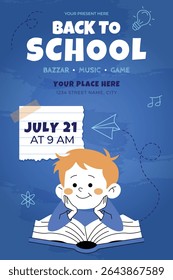 Back to school sale poster with cute cartoon student, open book, and 80% discount. July promotion template for stores, education, kids, and learning-themed marketing.