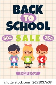 Voltar à escola Poster de venda com crianças bonitas segurando ABC Cartas plana Vetor Ilustração