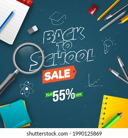 Back To School Sale Poster Design With 55% Discount Offer And Top View Of Supplies Elements On Blue Background.
