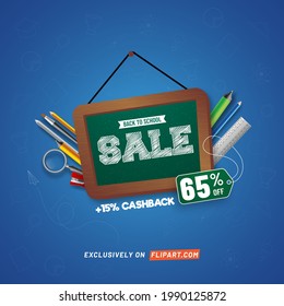 De Vuelta A La Venta Escolar Diseño De Carteles Con 65% De Oferta De Descuento Y Elementos Educativos De Fondo Azul.