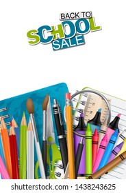 Back to school sale poster or flyer with realistic vector education supplies - ring notebook, coloring pencils, crayons, brushes, pens. Cute text typography sign.