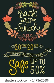 Back to School Sale poster with handwritten calligraphy text and wreath of fallen leaves. Vector isolated graphic design elements and illustration. Lettering, text, sale, offer, education, seasonal