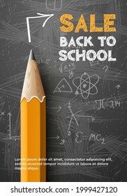 Back to school Sale poster, pencil on blackboard background. Vector illustration