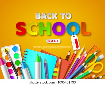 Back to school sale poster with realistic school supplies. Paper cut style letters on yellow background. Vector illustration.