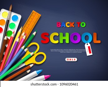 Back to school sale poster with realistic school supplies. Paper cut style letters on blackboard background. Vector illustration.