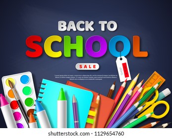 Back to school sale poster with realistic school supplies. Paper cut style letters on blackboard background. Vector illustration.