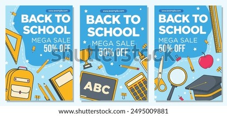Back to school sale poster set Back to school poster template promo with student supplies illustration
