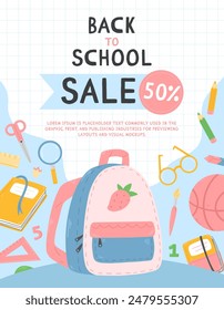 Back to school sale poster template design with school supplies in cartoon flat style. Back to School vector illustration.