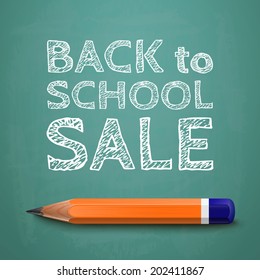Back to school sale poster, with text on chalkboard and pencil. Vector illustration