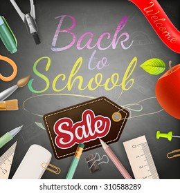 Back to school sale poster with text on chalkboard. EPS 10 vector file included