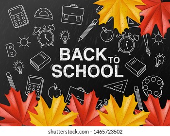 Back to school sale poster Vector. Autumn fall promotion banner. Atumn leaves and chalk supplies template