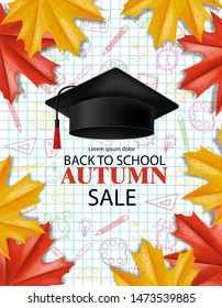 Back to school sale poster Vector. Autumn fall promotion banner. Atumn leaves and graduation cap template